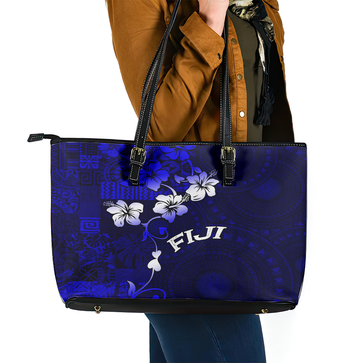 Fiji Masi Leather Tote Bag Fijian Hibiscus Navy Blue Gold Version LT01 - Polynesian Pride