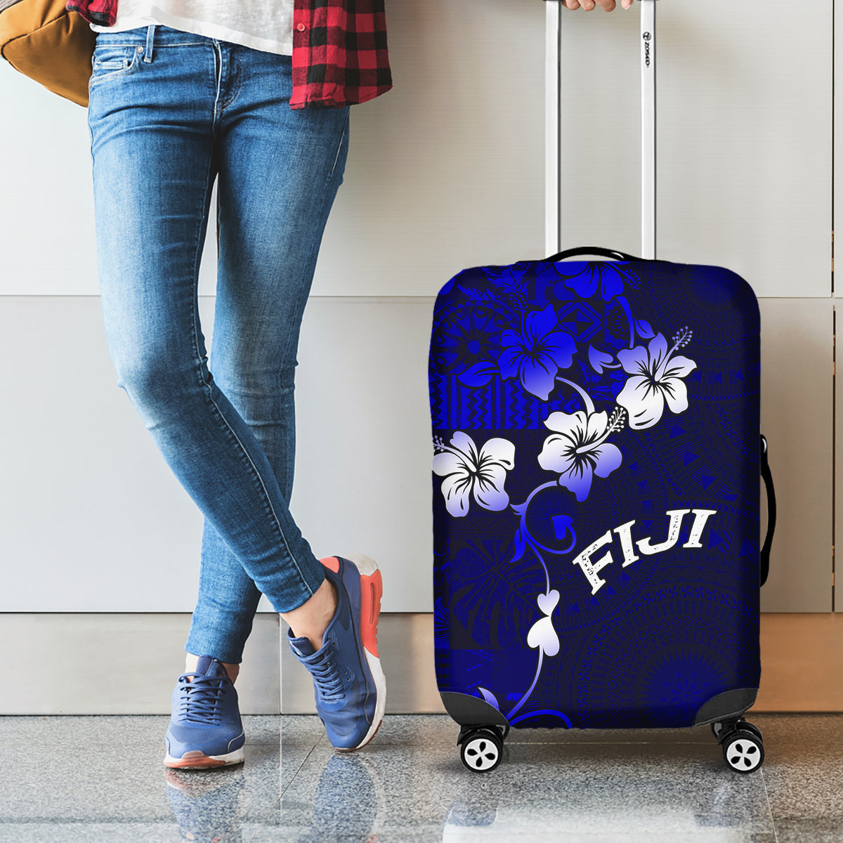 Fiji Masi Luggage Cover Fijian Hibiscus Navy Blue Gold Version LT01 - Polynesian Pride