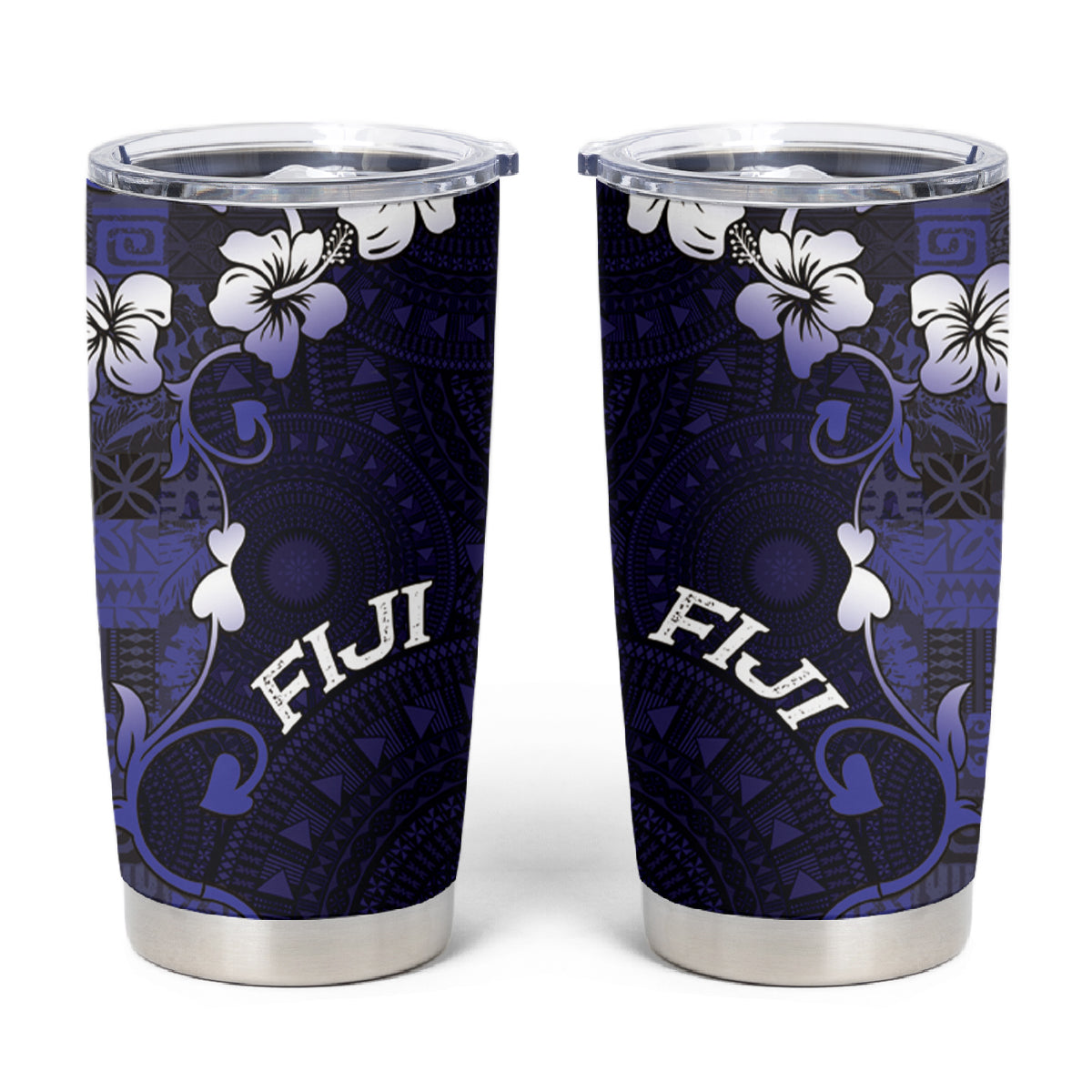 Fiji Masi Tumbler Cup Fijian Hibiscus Tapa Navy Blue Version LT01 Blue - Polynesian Pride