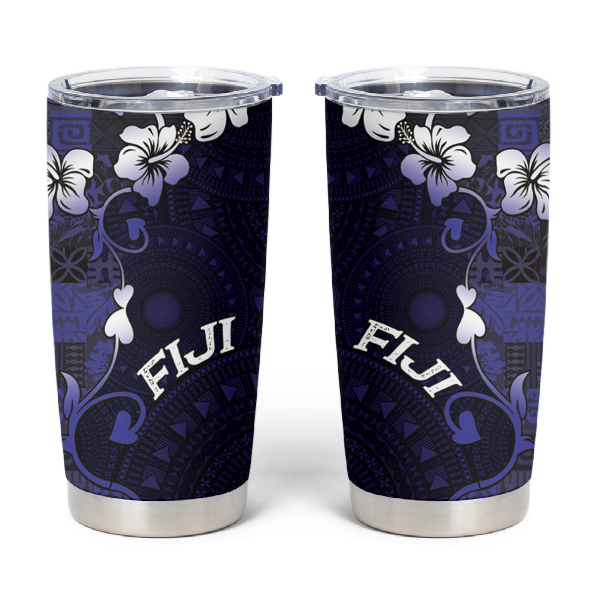 Fiji Masi Tumbler Cup Fijian Hibiscus Tapa Navy Blue Version
