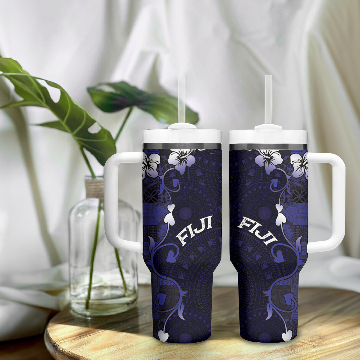 Fiji Masi Tumbler With Handle Fijian Hibiscus Tapa Navy Blue Version LT01 - Polynesian Pride