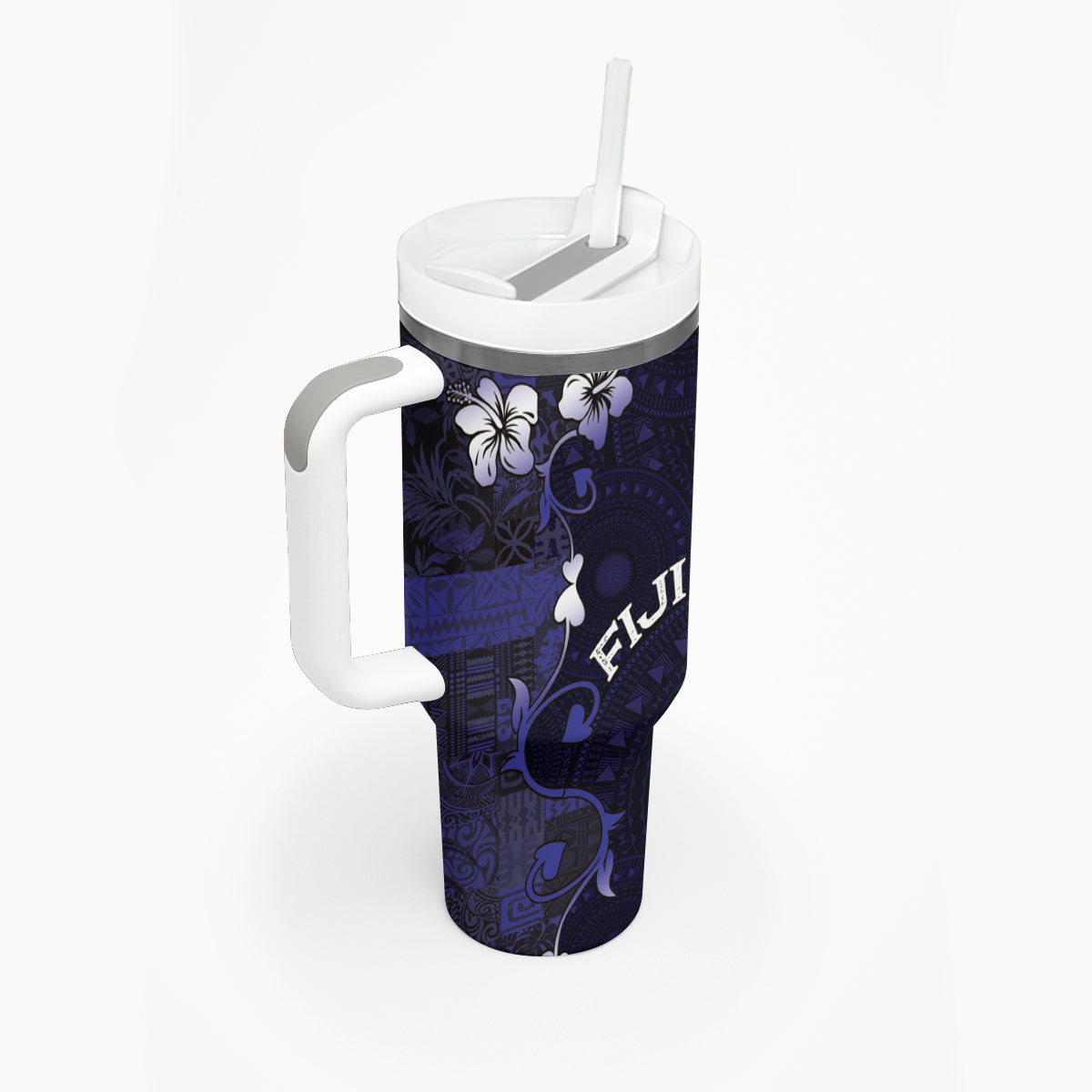 Fiji Masi Tumbler With Handle Fijian Hibiscus Tapa Navy Blue Version LT01 - Polynesian Pride