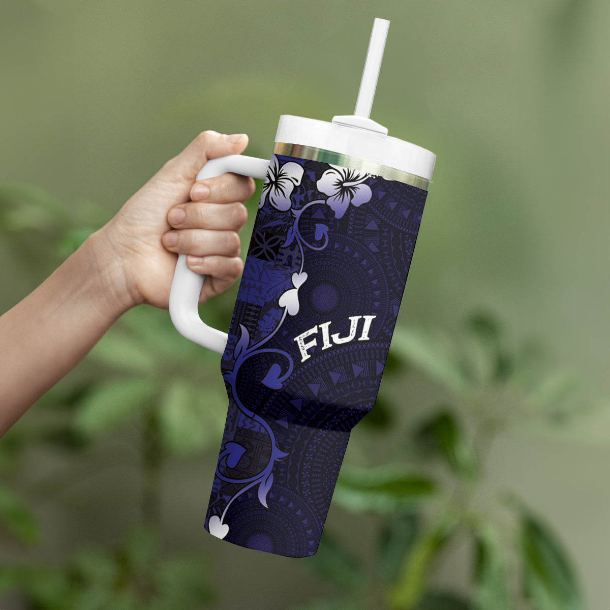 Fiji Masi Tumbler With Handle Fijian Hibiscus Tapa Navy Blue Version LT01 - Polynesian Pride