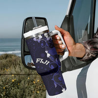 Fiji Masi Tumbler With Handle Fijian Hibiscus Tapa Navy Blue Version LT01 - Polynesian Pride