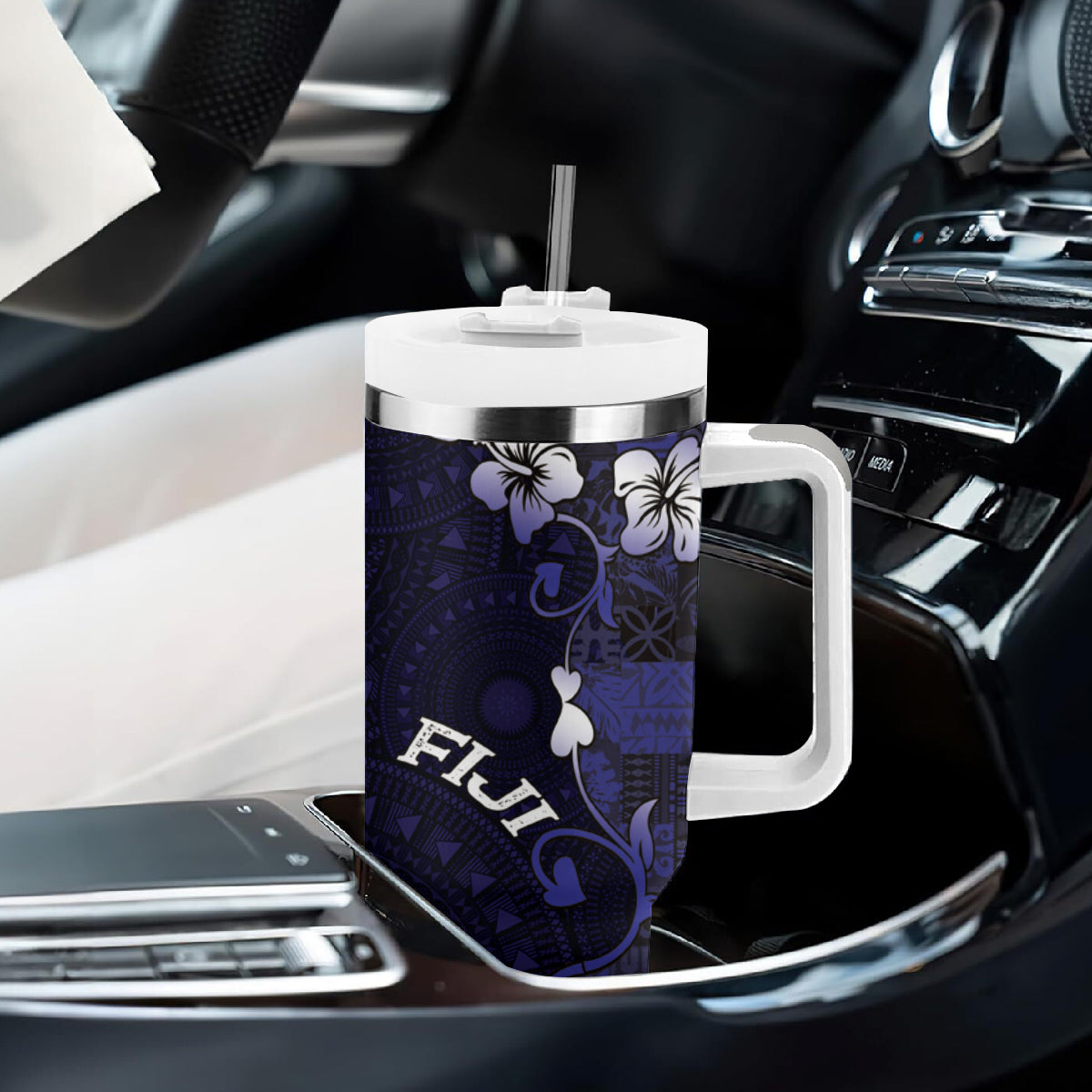 Fiji Masi Tumbler With Handle Fijian Hibiscus Tapa Navy Blue Version LT01 - Polynesian Pride