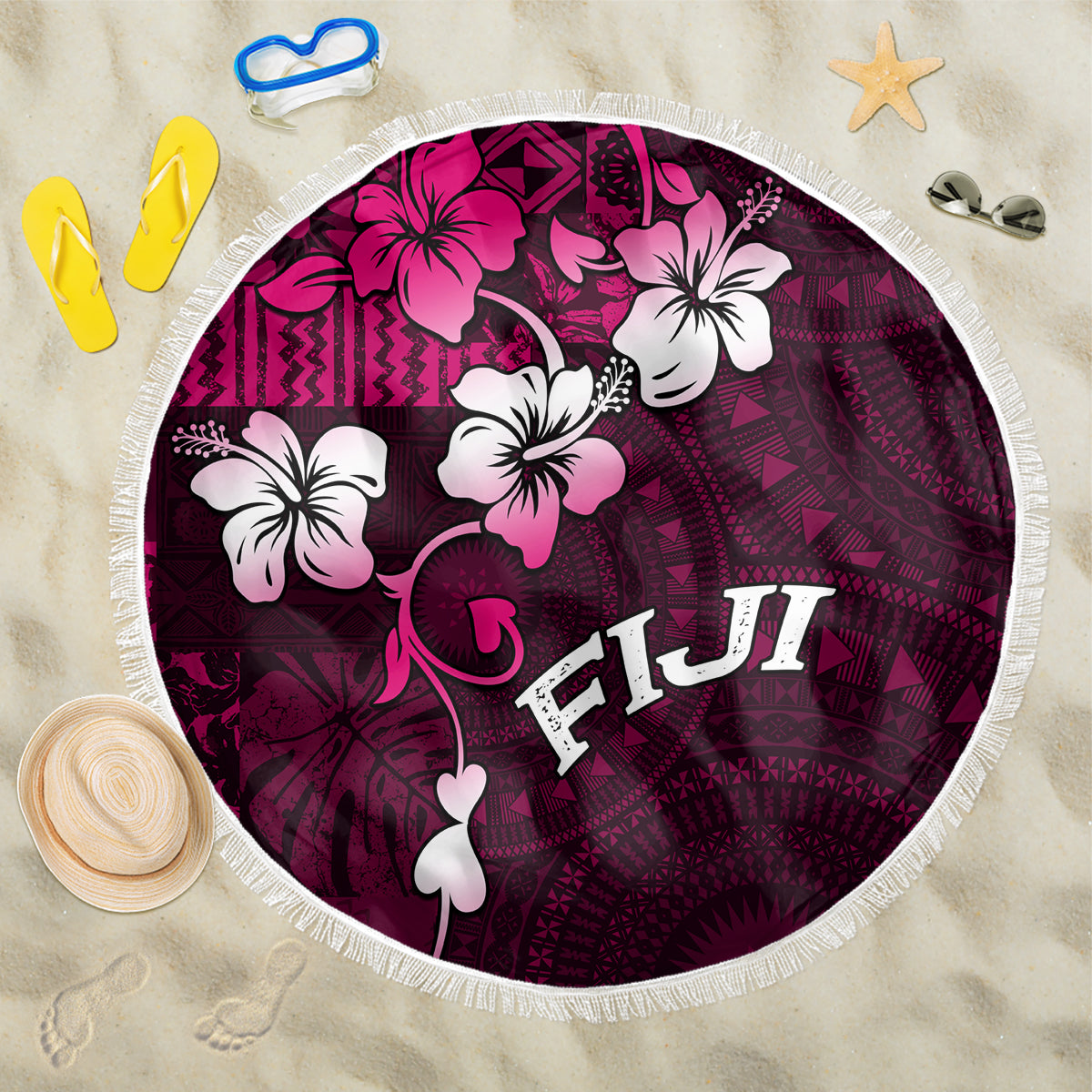 Fiji Masi Beach Blanket Fijian Hibiscus Tapa Pink Version LT01 One Size 150cm Pink - Polynesian Pride