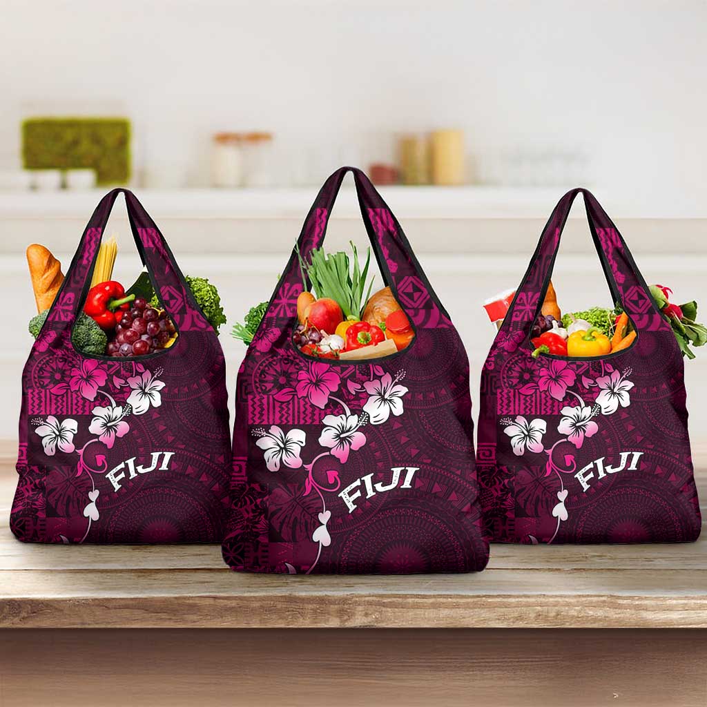 Fiji Masi Grocery Bag Fijian Hibiscus Tapa Pink Version LT01 3-pack One Size Pink - Polynesian Pride