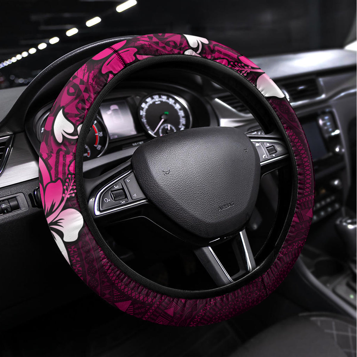 Fiji Masi Steering Wheel Cover Fijian Hibiscus Tapa Pink Version