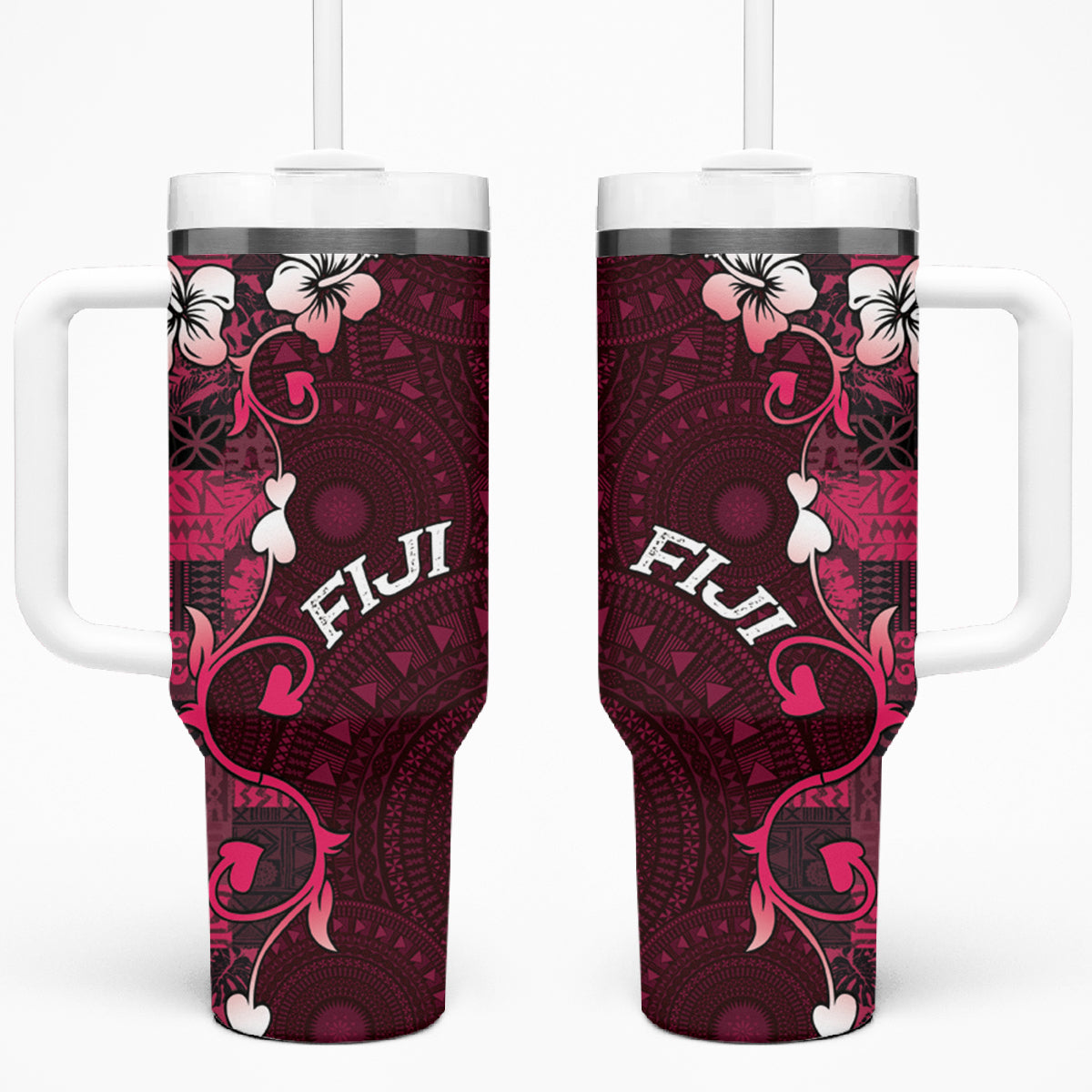 Fiji Masi Tumbler With Handle Fijian Hibiscus Tapa Pink Version