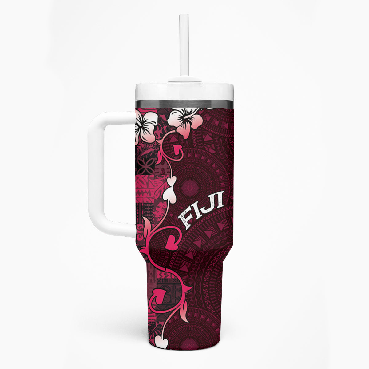 Fiji Masi Tumbler With Handle Fijian Hibiscus Tapa Pink Version LT01 - Polynesian Pride