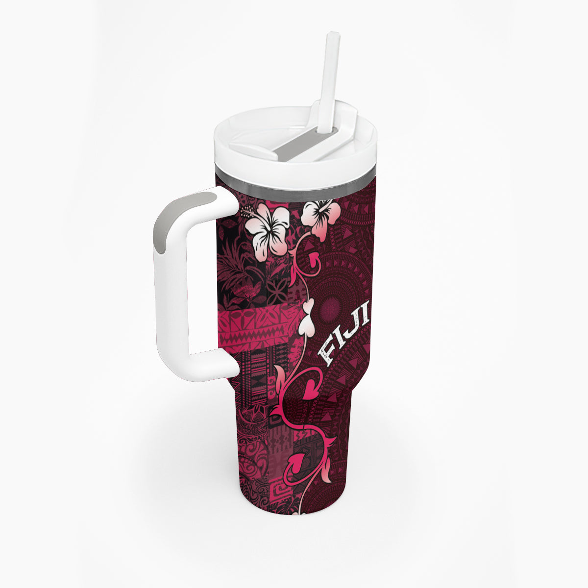 Fiji Masi Tumbler With Handle Fijian Hibiscus Tapa Pink Version LT01 - Polynesian Pride