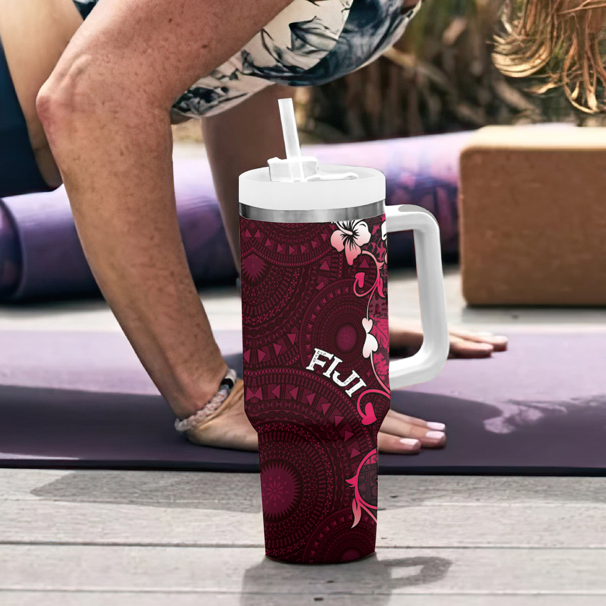 Fiji Masi Tumbler With Handle Fijian Hibiscus Tapa Pink Version LT01 - Polynesian Pride