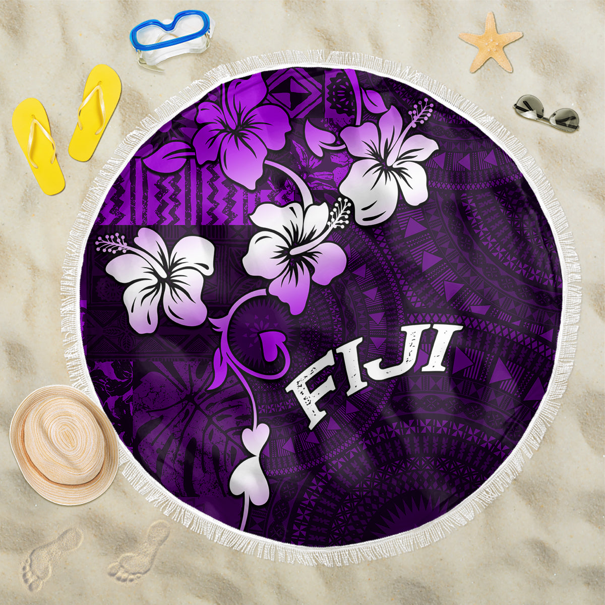 Fiji Masi Beach Blanket Fijian Hibiscus Tapa Purple Version LT01 One Size 150cm Purple - Polynesian Pride