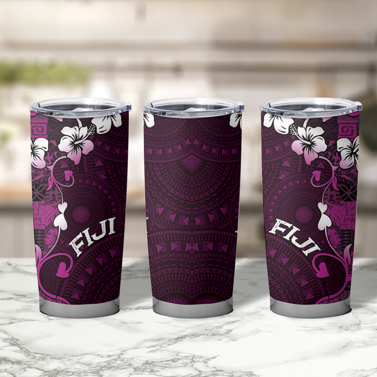 Fiji Masi Tumbler Cup Fijian Hibiscus Tapa Purple Version LT01 - Polynesian Pride