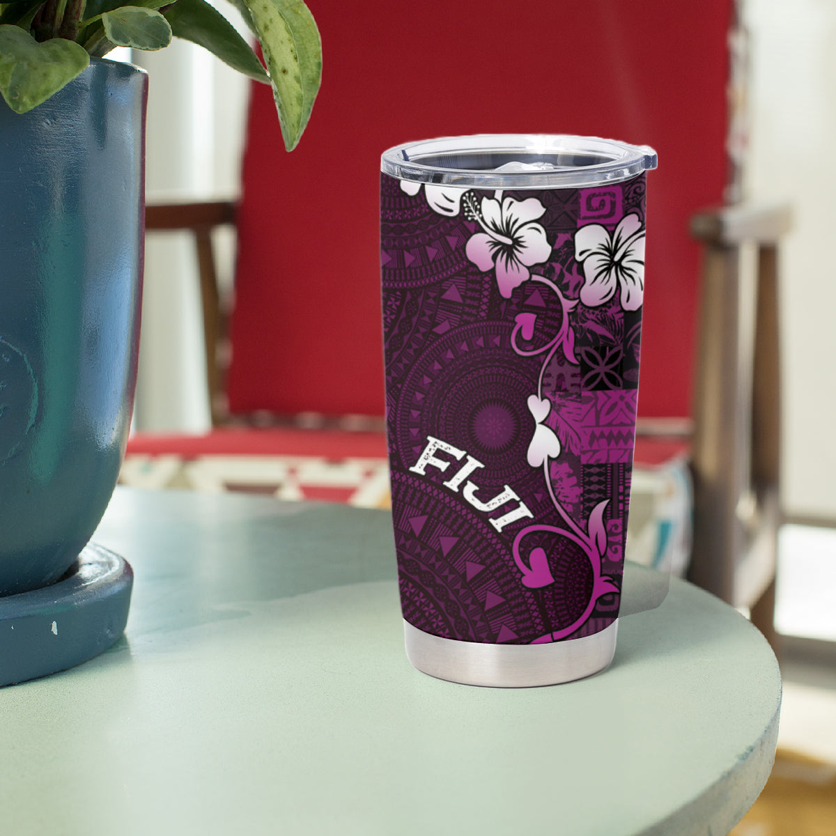 Fiji Masi Tumbler Cup Fijian Hibiscus Tapa Purple Version LT01 - Polynesian Pride
