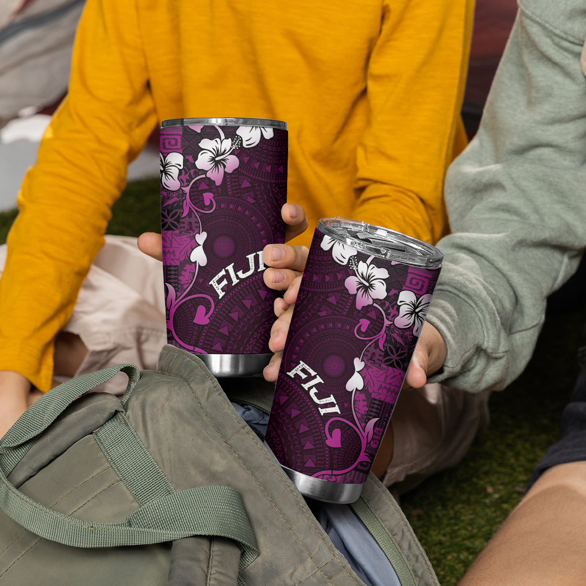 Fiji Masi Tumbler Cup Fijian Hibiscus Tapa Purple Version LT01 - Polynesian Pride