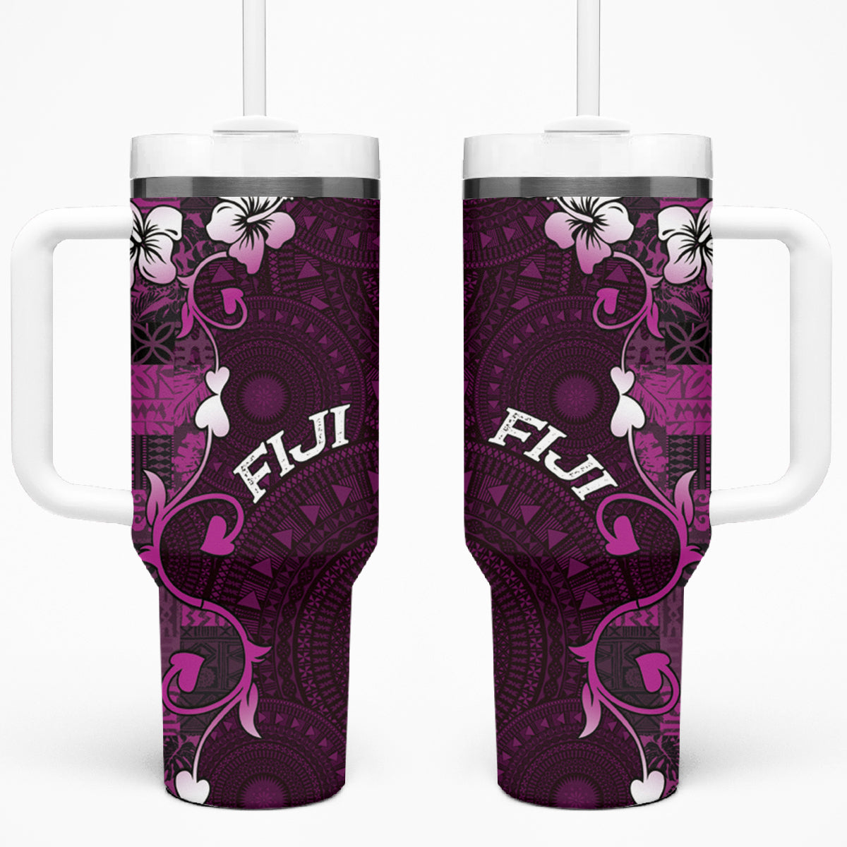 Fiji Masi Tumbler With Handle Fijian Hibiscus Tapa Purple Version