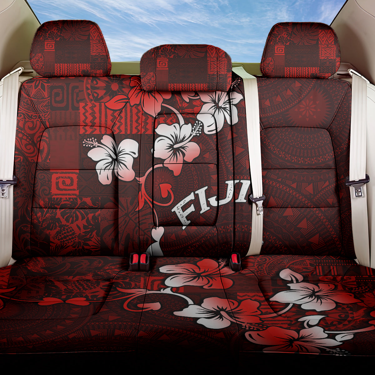 Fiji Masi Back Car Seat Cover Fijian Hibiscus Tapa Red Version LT01 One Size Red - Polynesian Pride