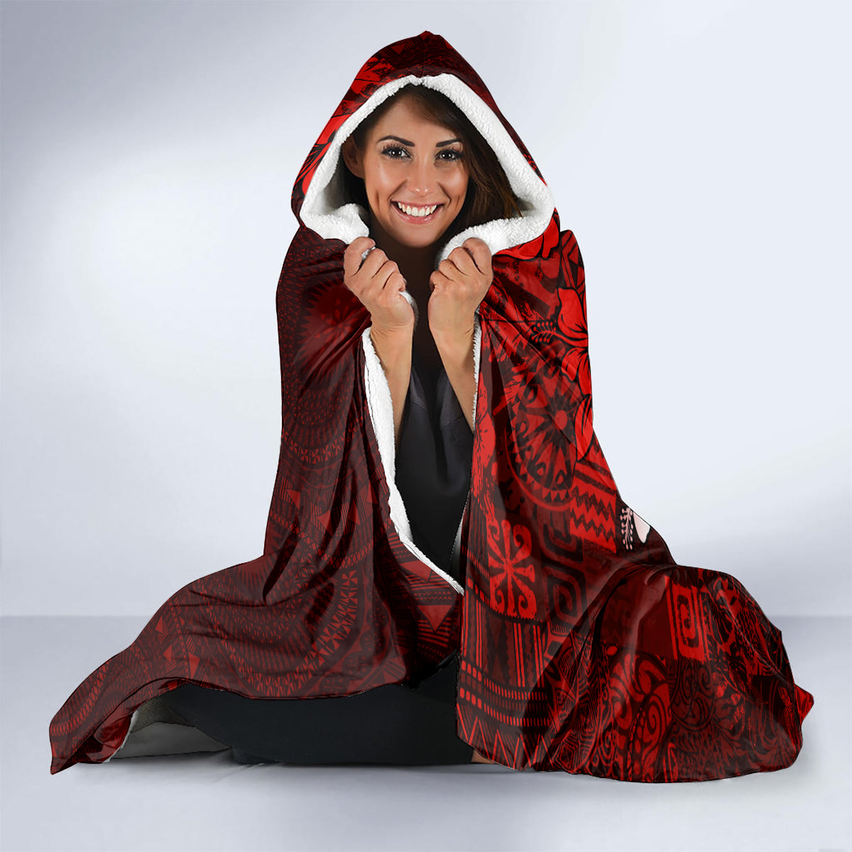 Fiji Masi Hooded Blanket Fijian Hibiscus Tapa Red Version LT01 - Polynesian Pride