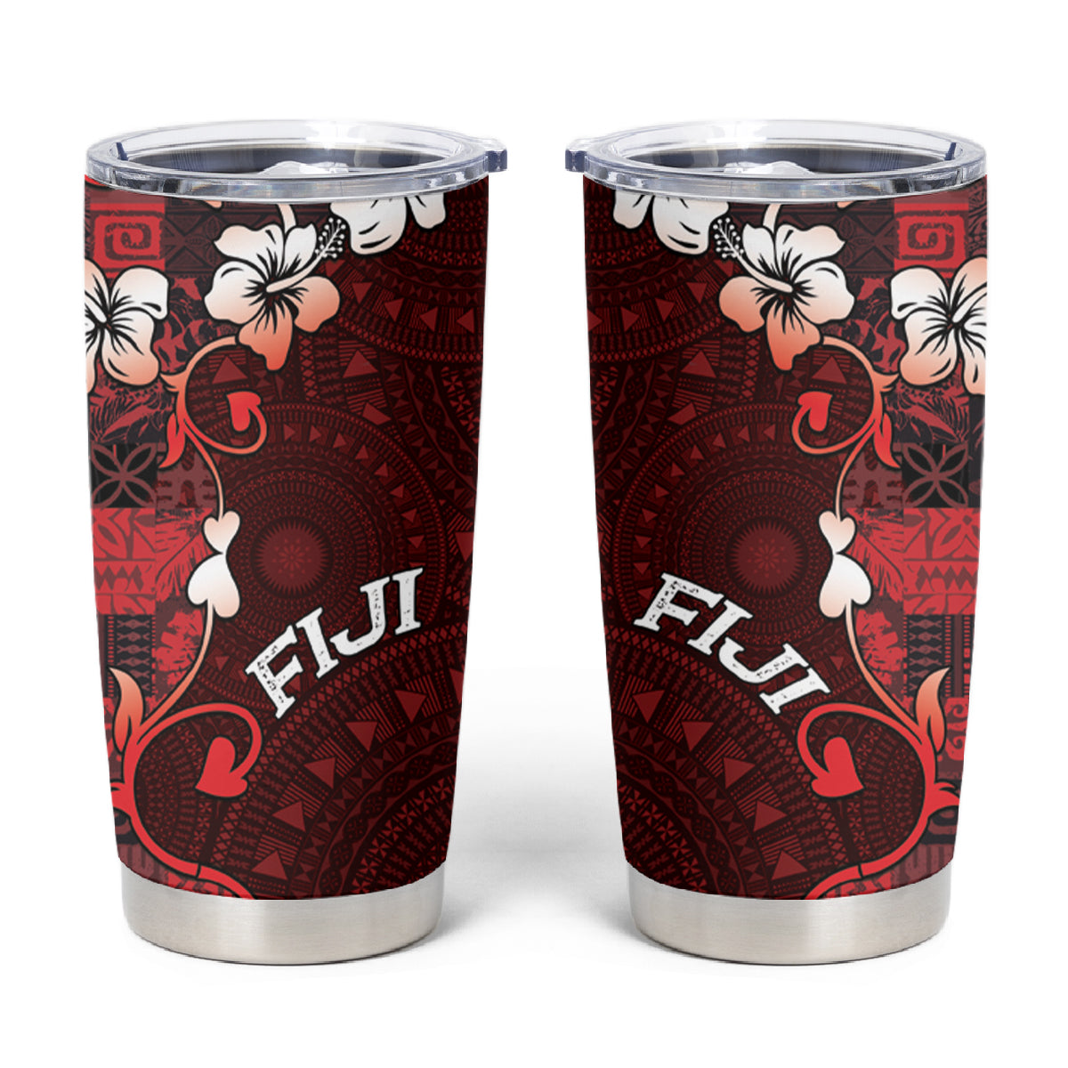 Fiji Masi Tumbler Cup Fijian Hibiscus Tapa Red Version LT01 Red - Polynesian Pride