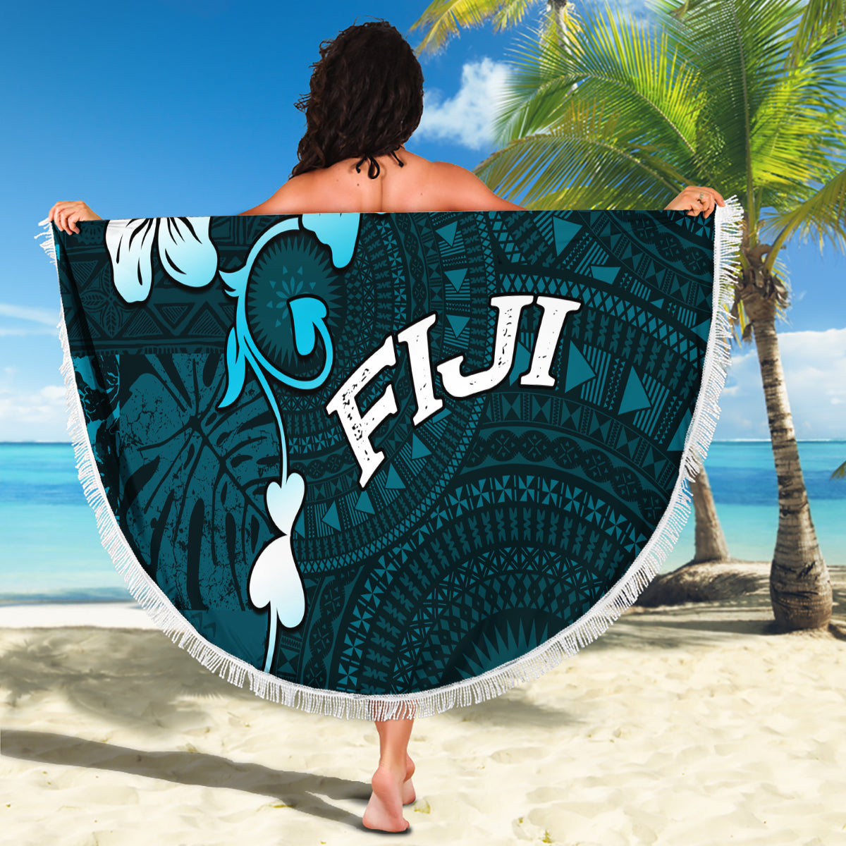 Fiji Masi Beach Blanket Fijian Hibiscus Tapa Sky Blue Version LT01 - Polynesian Pride