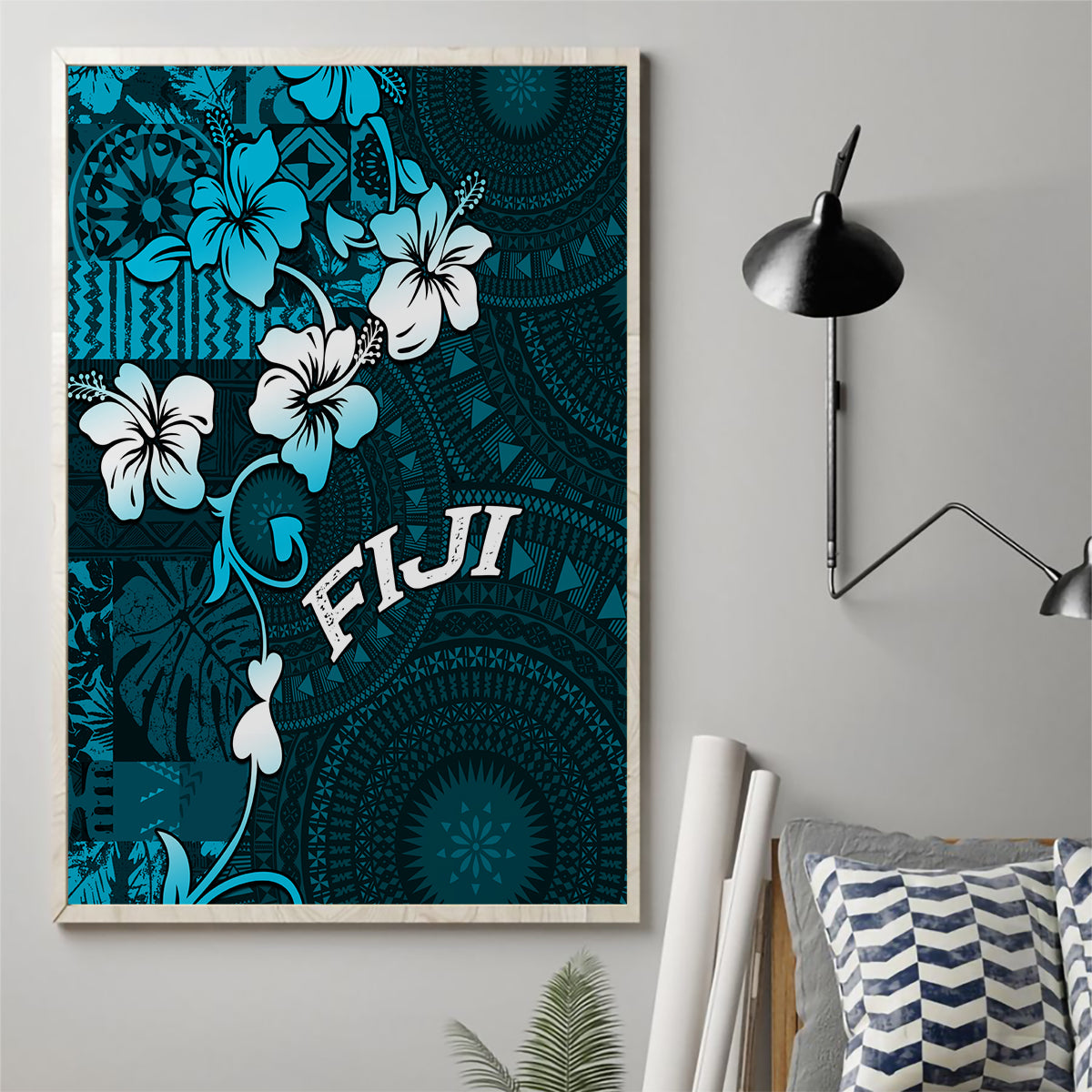 Fiji Masi Canvas Wall Art Fijian Hibiscus Tapa Sky Blue Version LT01 - Polynesian Pride