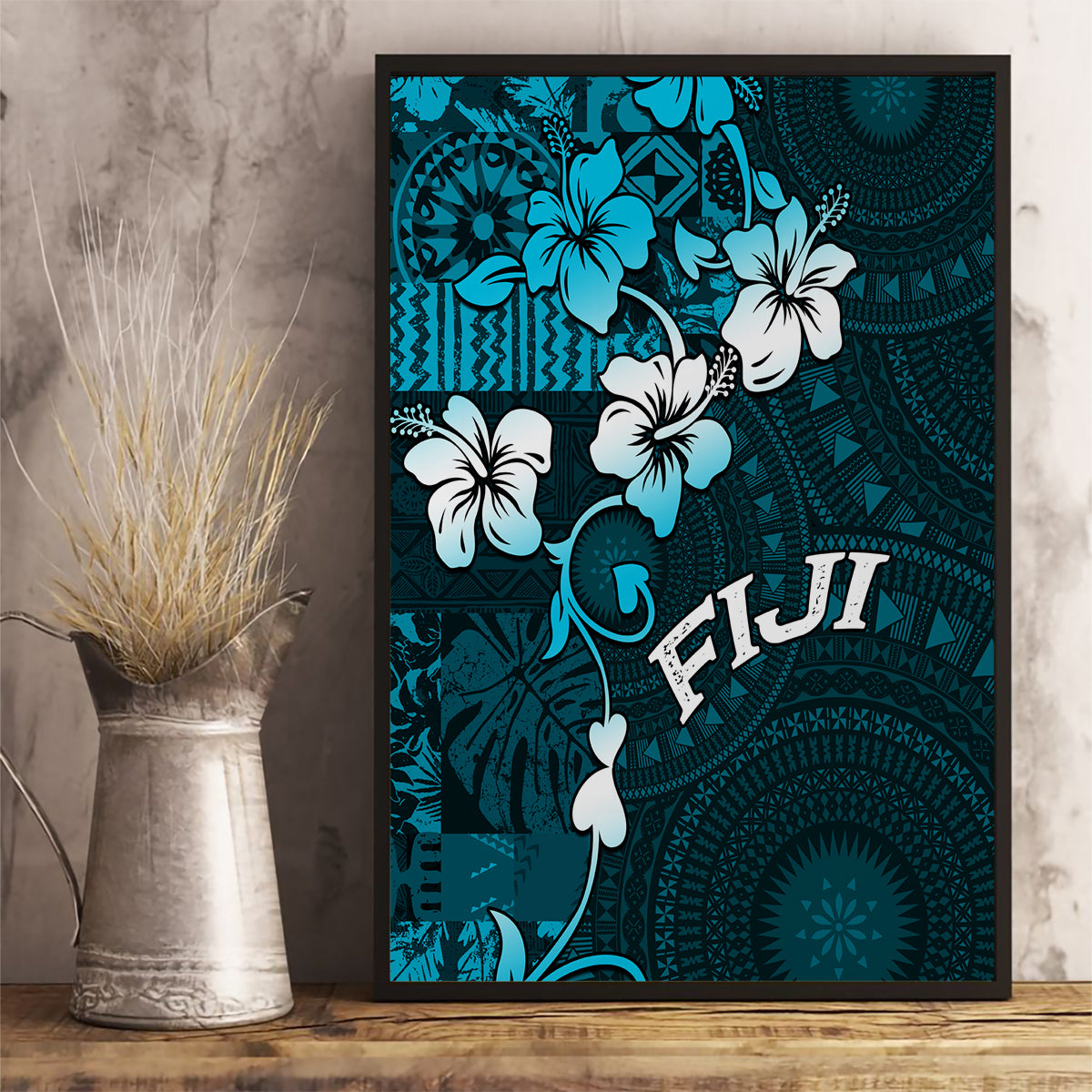 Fiji Masi Canvas Wall Art Fijian Hibiscus Tapa Sky Blue Version LT01 - Polynesian Pride