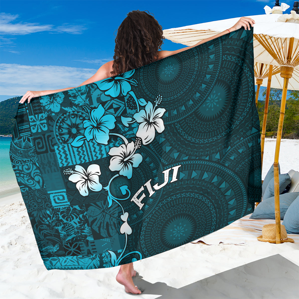 Fiji Masi Sarong Fijian Hibiscus Tapa Sky Blue Version LT01 One Size 44 x 66 inches Blue - Polynesian Pride