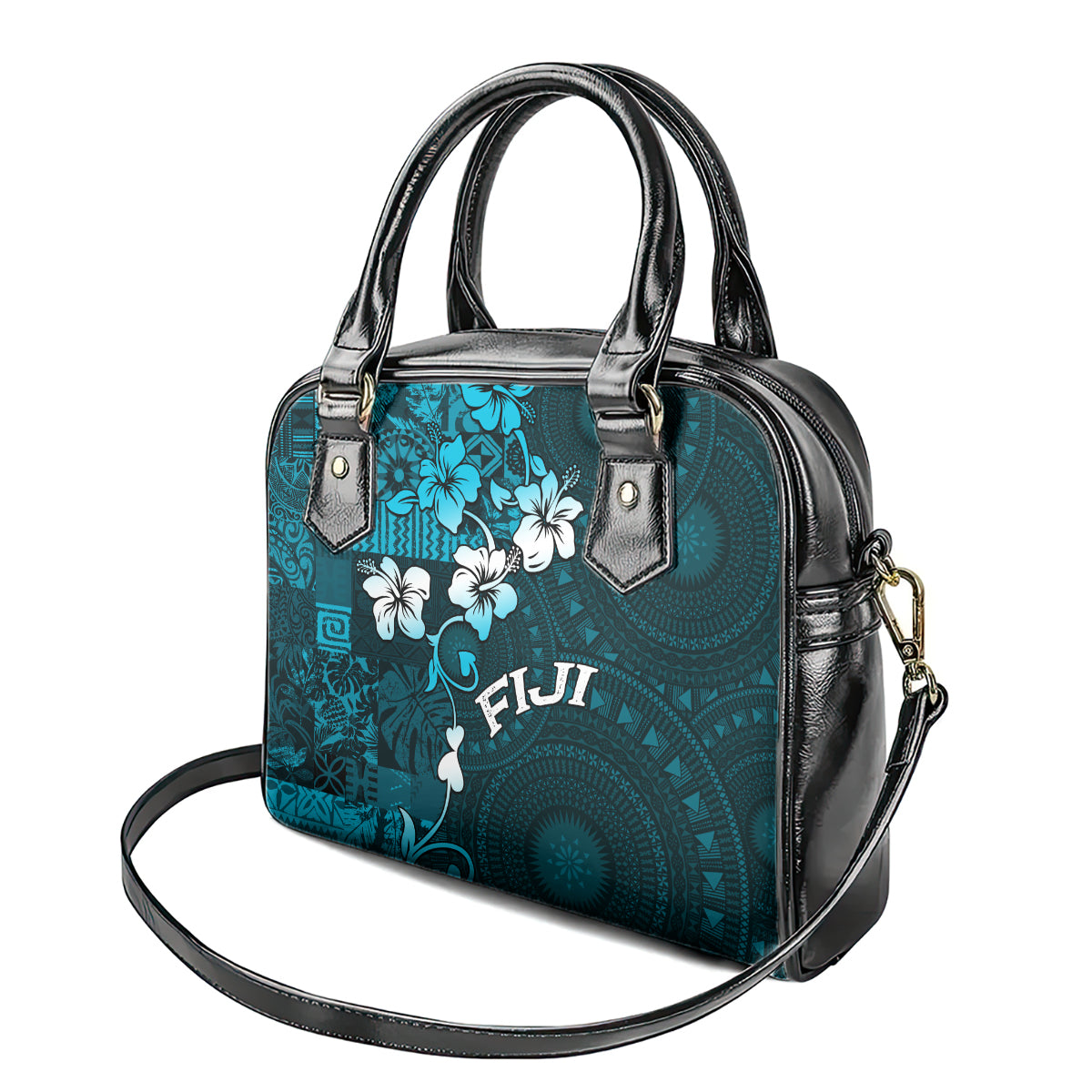 Fiji Masi Shoulder Handbag Fijian Hibiscus Tapa Sky Blue Version LT01 - Polynesian Pride
