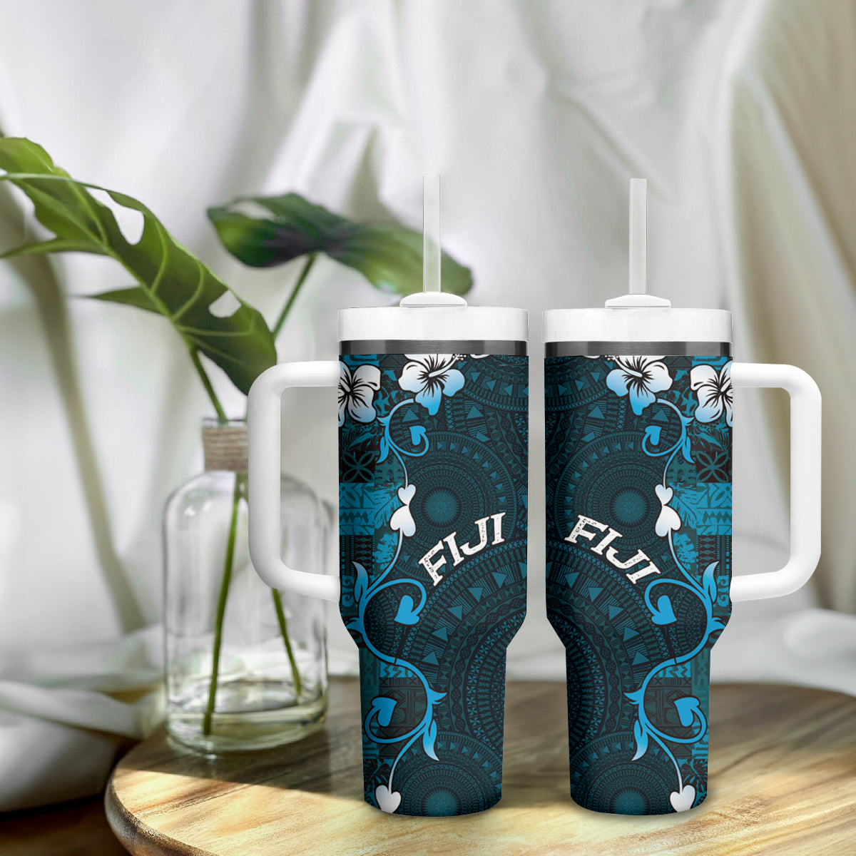Fiji Masi Tumbler With Handle Fijian Hibiscus Tapa Sky Blue Version LT01 - Polynesian Pride