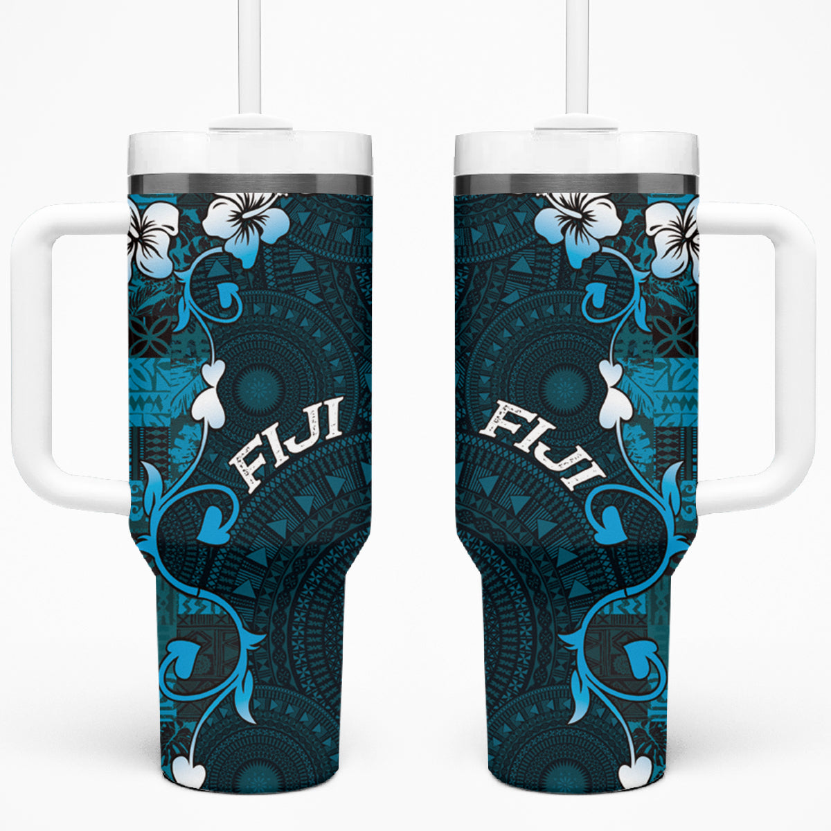 Fiji Masi Tumbler With Handle Fijian Hibiscus Tapa Sky Blue Version LT01 One Size: 40 oz Blue - Polynesian Pride