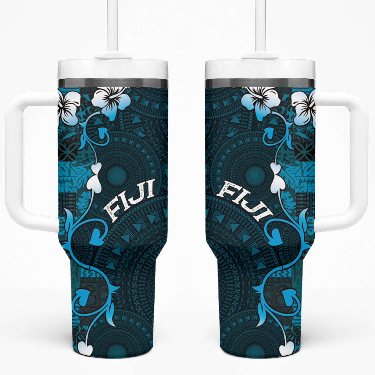 Fiji Masi Tumbler With Handle Fijian Hibiscus Tapa Sky Blue Version