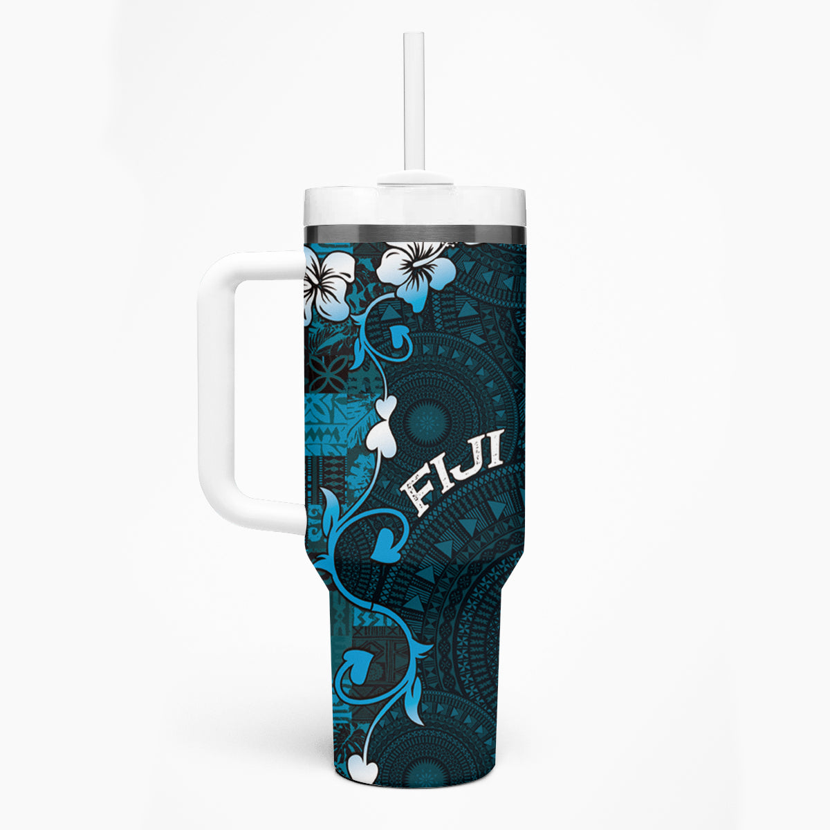 Fiji Masi Tumbler With Handle Fijian Hibiscus Tapa Sky Blue Version LT01 - Polynesian Pride