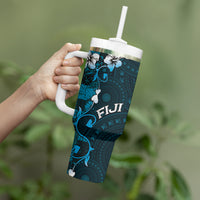 Fiji Masi Tumbler With Handle Fijian Hibiscus Tapa Sky Blue Version LT01 - Polynesian Pride