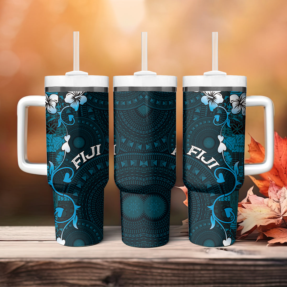 Fiji Masi Tumbler With Handle Fijian Hibiscus Tapa Sky Blue Version LT01 - Polynesian Pride