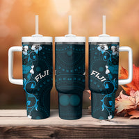 Fiji Masi Tumbler With Handle Fijian Hibiscus Tapa Sky Blue Version LT01 - Polynesian Pride
