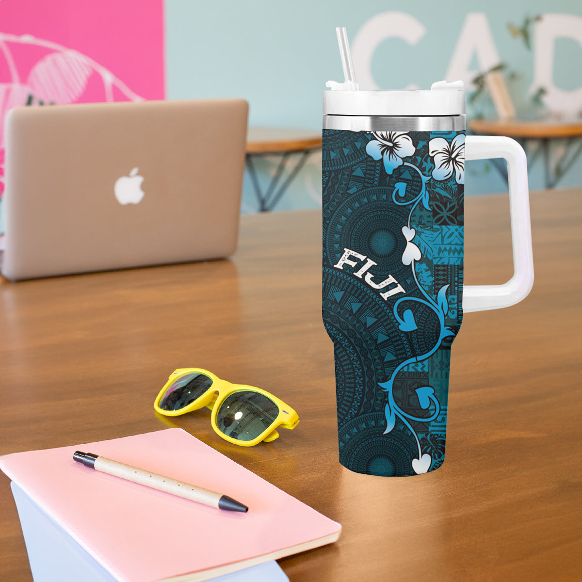 Fiji Masi Tumbler With Handle Fijian Hibiscus Tapa Sky Blue Version LT01 - Polynesian Pride