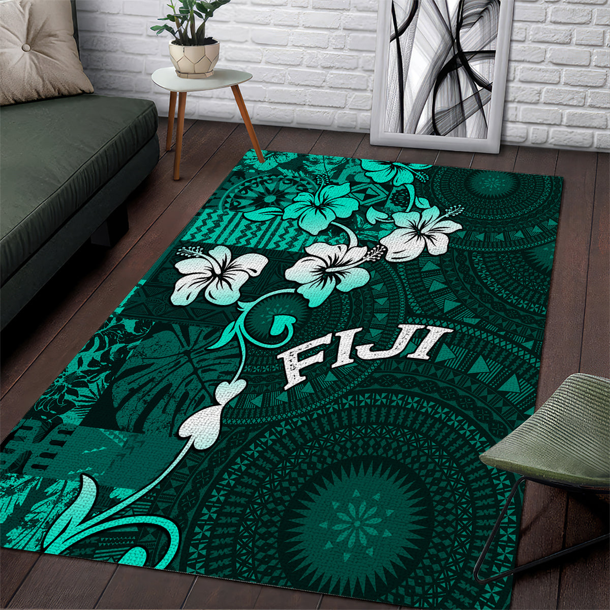 Fiji Masi Area Rug Fijian Hibiscus Tapa Turquoise Version LT01 Turquoise - Polynesian Pride
