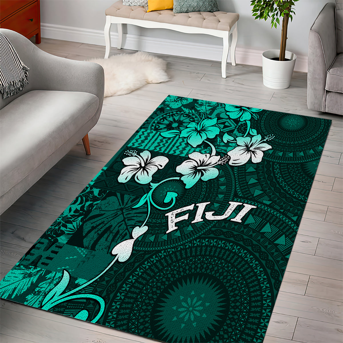 Fiji Masi Area Rug Fijian Hibiscus Tapa Turquoise Version LT01 - Polynesian Pride