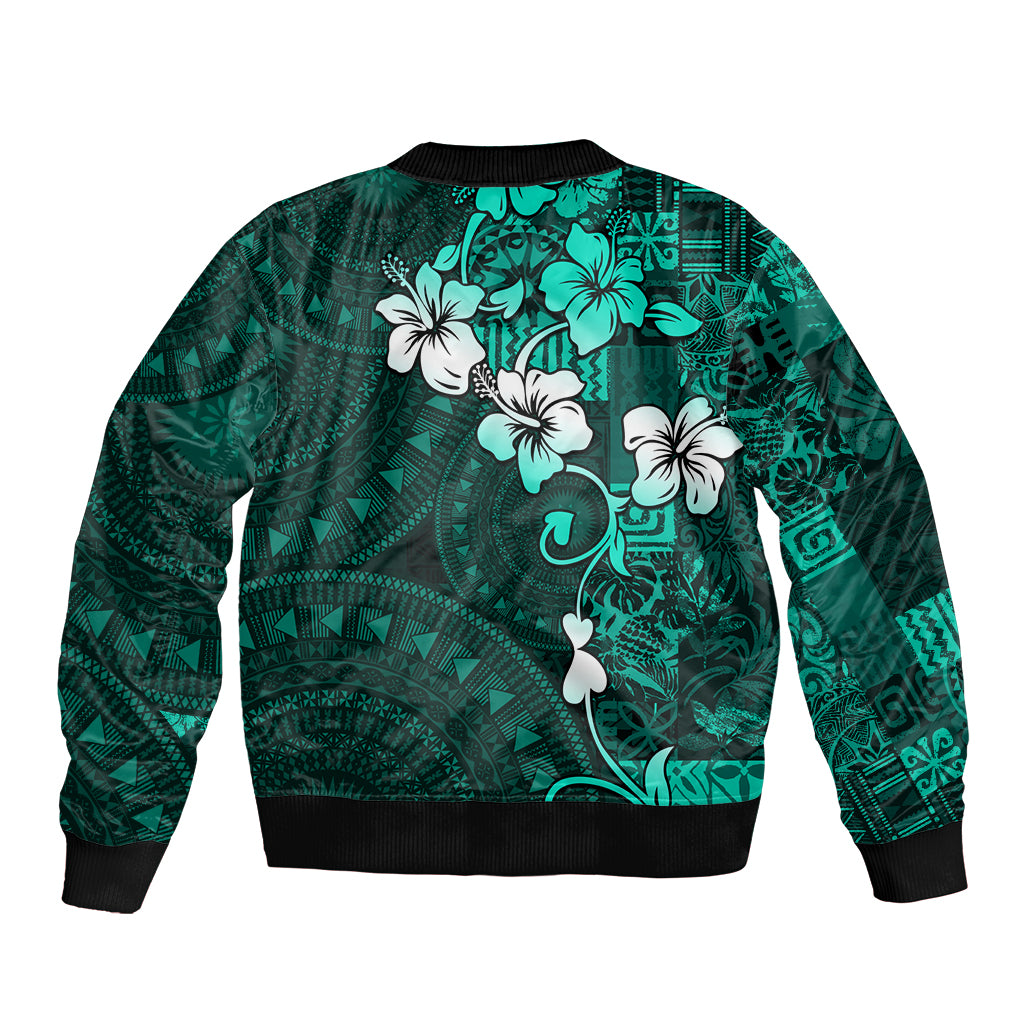 Fiji Masi Bomber Jacket Fijian Hibiscus Tapa Turquoise Version LT01 - Polynesian Pride