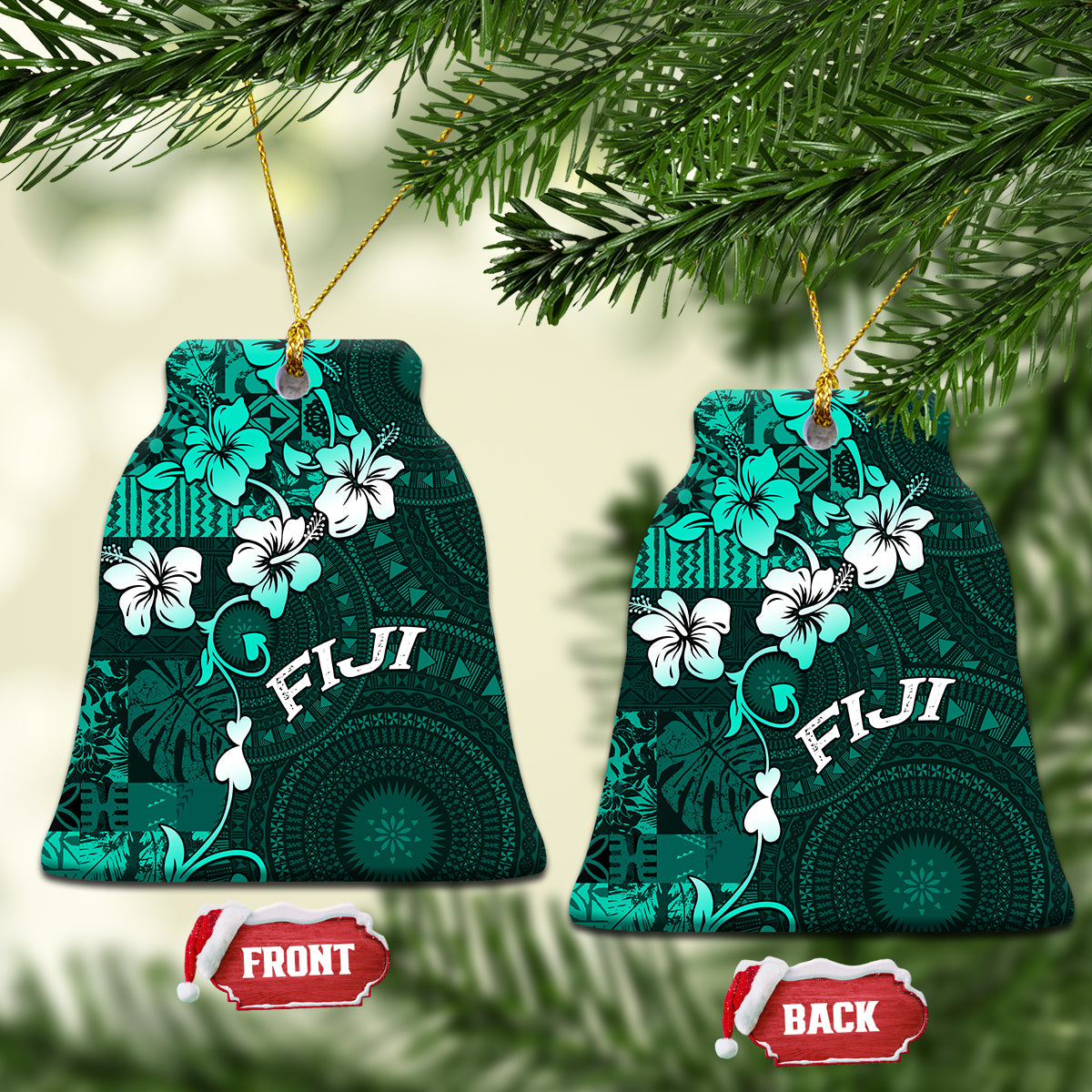 Fiji Masi Ceramic Ornament Fijian Hibiscus Tapa Turquoise Version LT01 Bell Flake Turquoise - Polynesian Pride