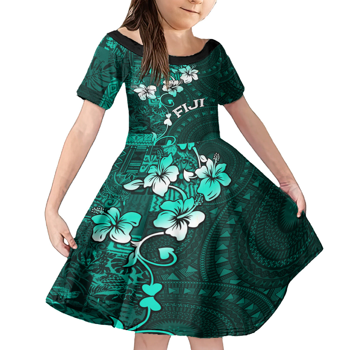 Fiji Masi Kid Short Sleeve Dress Fijian Hibiscus Tapa Turquoise Version LT01 KID Turquoise - Polynesian Pride