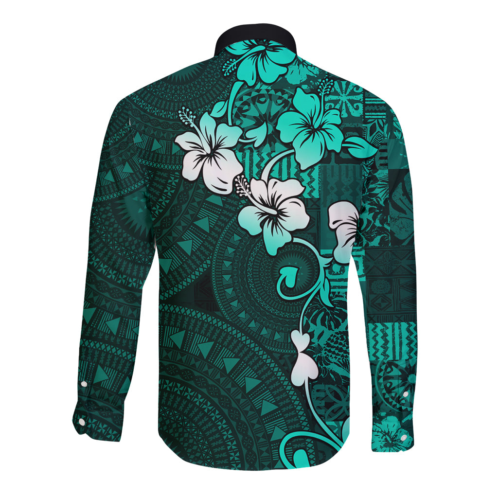 Fiji Masi Long Sleeve Button Shirt Fijian Hibiscus Tapa Turquoise Version LT01 - Polynesian Pride