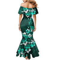 Fiji Masi Mermaid Dress Fijian Hibiscus Tapa Turquoise Version LT01 - Polynesian Pride
