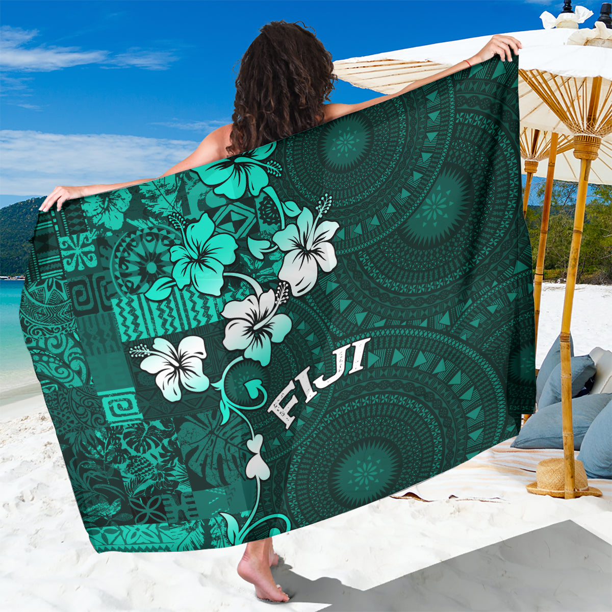 Fiji Masi Sarong Fijian Hibiscus Tapa Turquoise Version LT01 One Size 44 x 66 inches Turquoise - Polynesian Pride