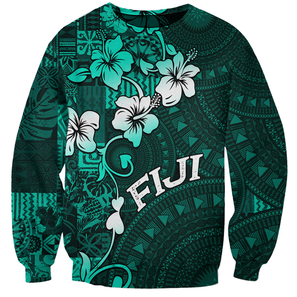 Fiji Masi Sweatshirt Fijian Hibiscus Tapa Turquoise Version LT01 Unisex Turquoise - Polynesian Pride