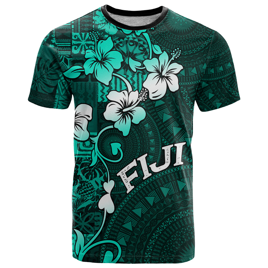 Fiji Masi T Shirt Fijian Hibiscus Tapa Turquoise Version LT01 Turquoise - Polynesian Pride