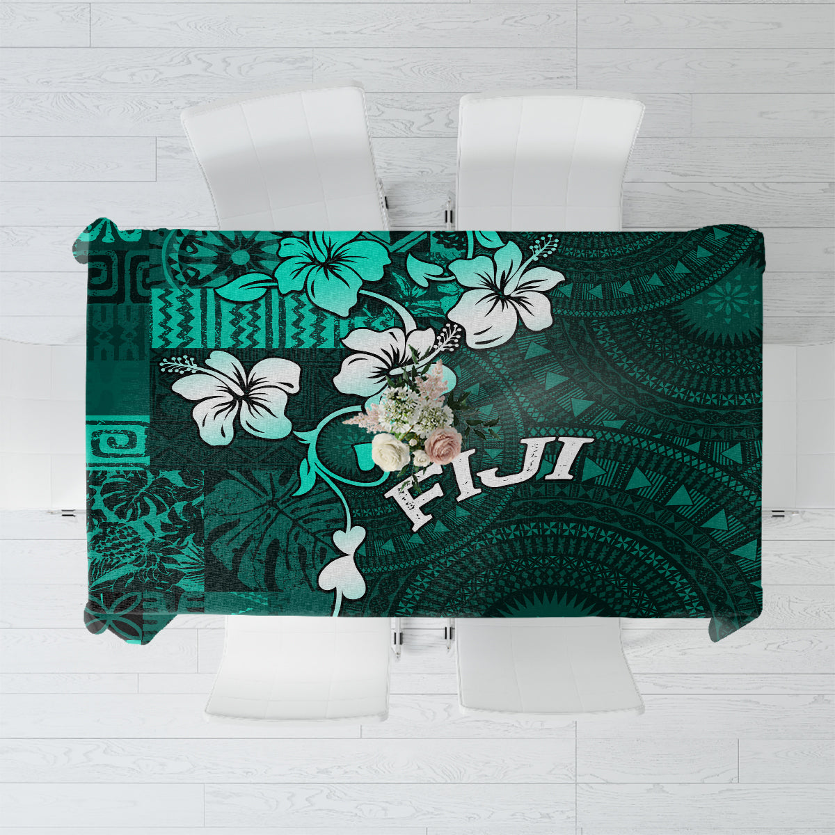 Fiji Masi Tablecloth Fijian Hibiscus Tapa Turquoise Version LT01 Turquoise - Polynesian Pride