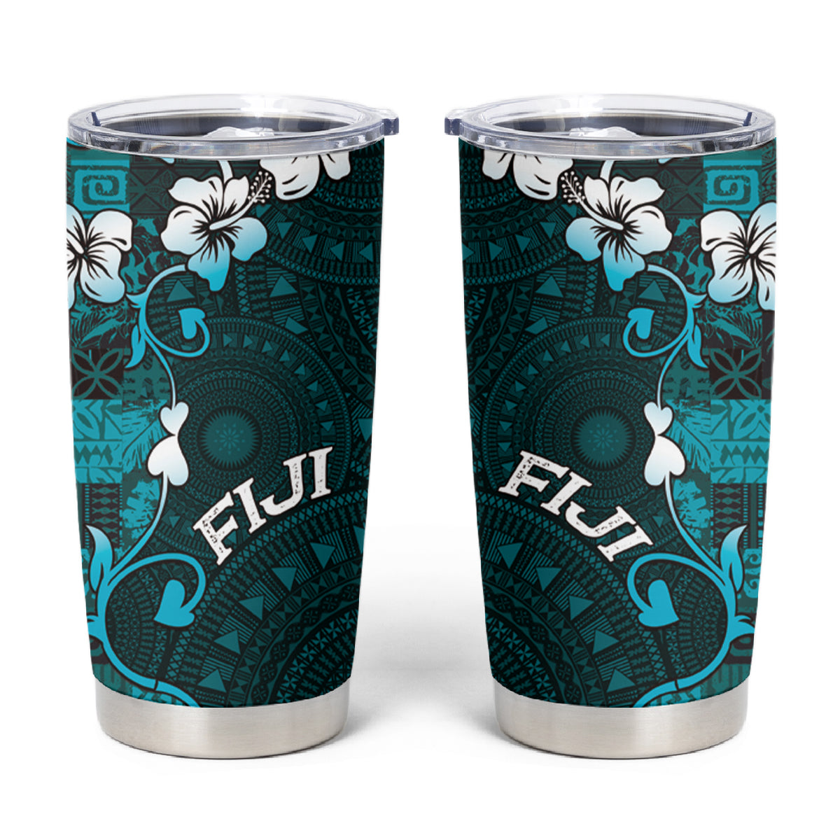 Fiji Masi Tumbler Cup Fijian Hibiscus Tapa Turquoise Version