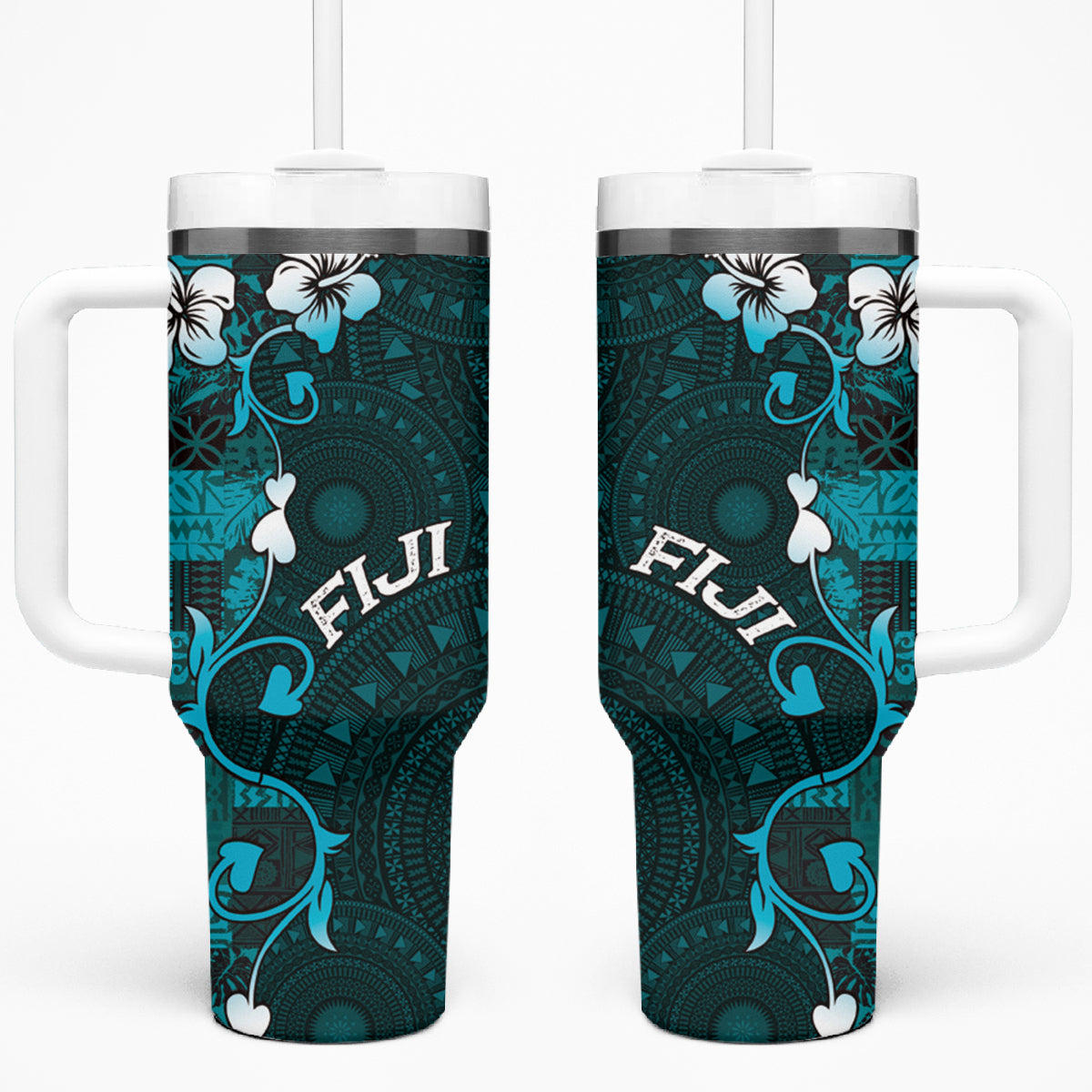 Fiji Masi Tumbler With Handle Fijian Hibiscus Tapa Turquoise Version LT01 One Size: 40 oz Turquoise - Polynesian Pride